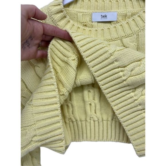 Twik Cropped Knit Sweater Cableknit O/S Pastel Yellow Crewneck Pullover Academia - Picture 4 of 8